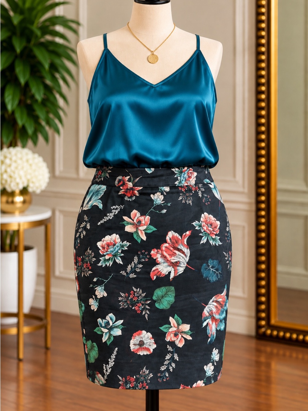 LOFT Black Floral Pencil Skirt with Multicolor Blooms